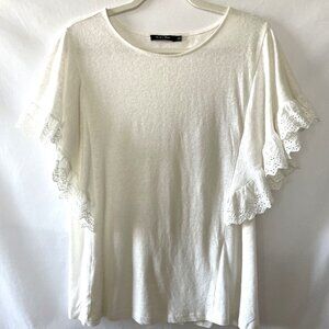 Doe & Rae Womens White Eyelet Ruffle Round Neck Flutter Sleeve T-Shirt Size L